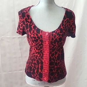 Axcess Red & Black Cardigan Button Down Sweater, Short Sleeves, 100% Cotton, M